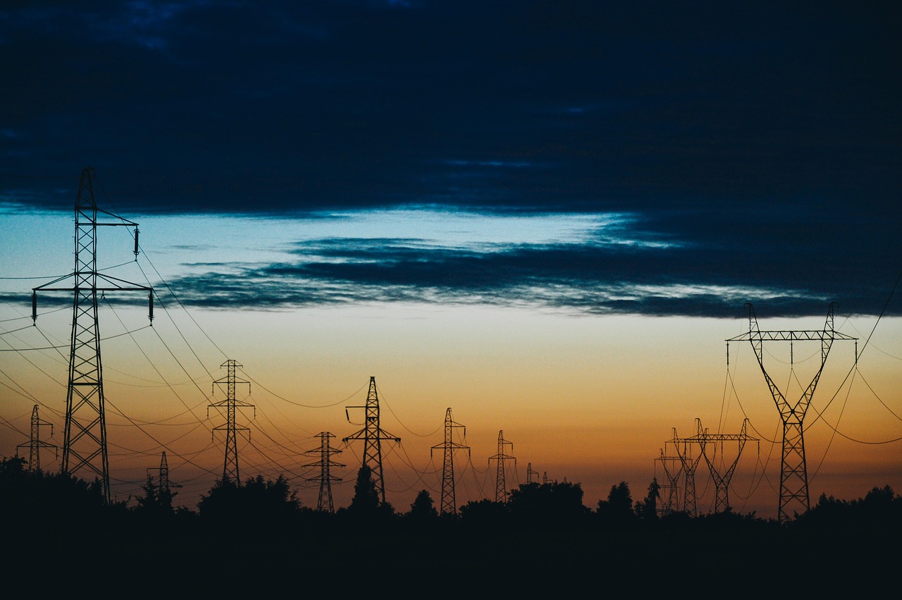 power lines, electricity, dusk, sunset, energy, industry, electric, voltage, high, steel, cable, structure, equipment, electrical, nature, supply, industrial, engineering, technology, transmission, silhouette, metal, environment, construction, station, generation, transformer, blue technology, blue construction, blue energy, blue metal, blue power, blue industry